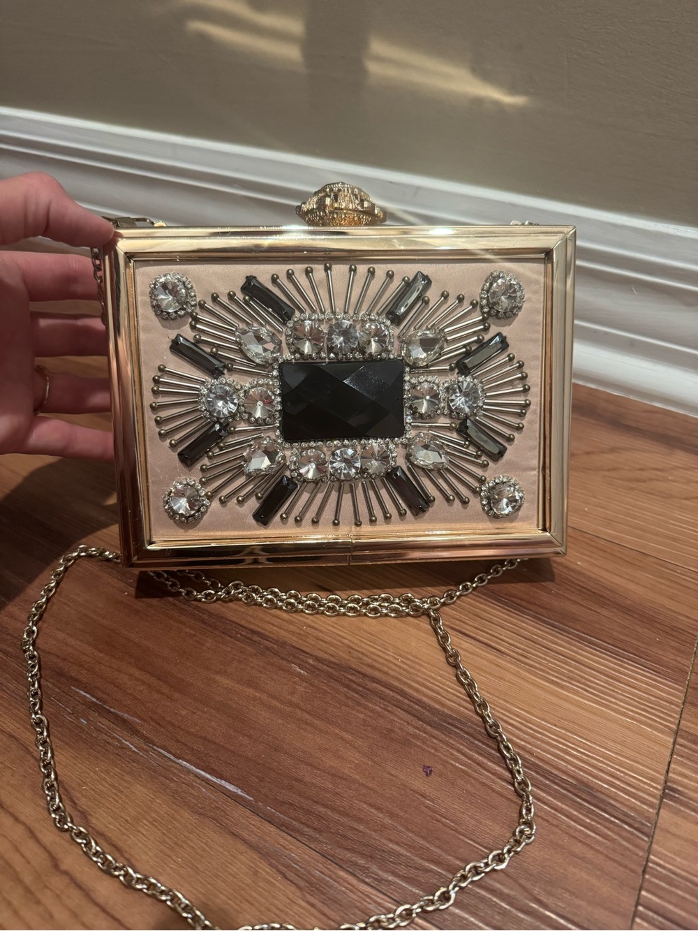 bebe Gold-Trimmed Embellished Pink Box Clutch